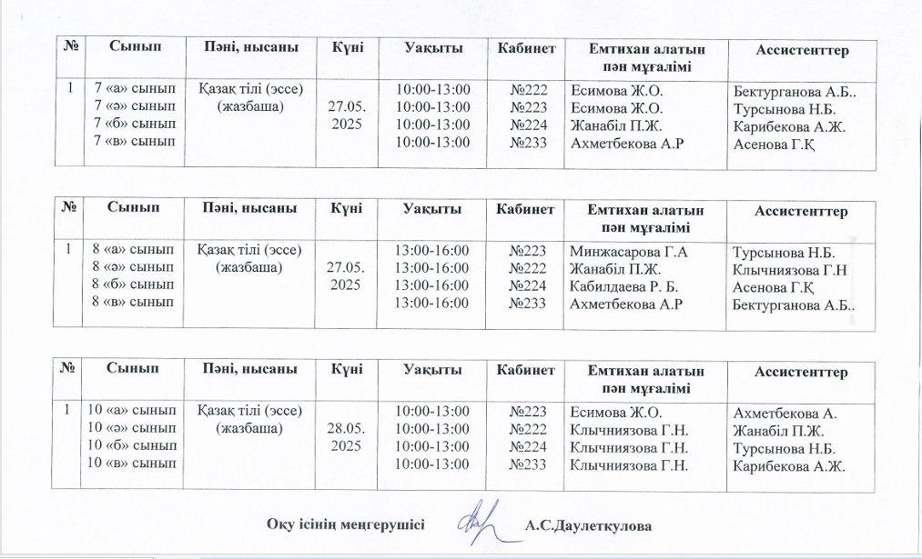 Қазақ  тілі  пәнінен 7-8 сыныптарға Емтихан кестесі